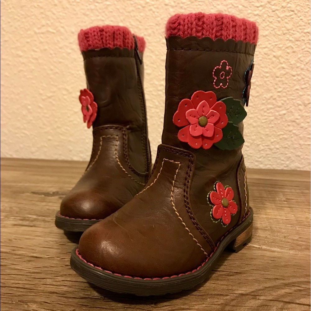 Nina Kids Brown Leather Boots with Pink Knit Cuffs